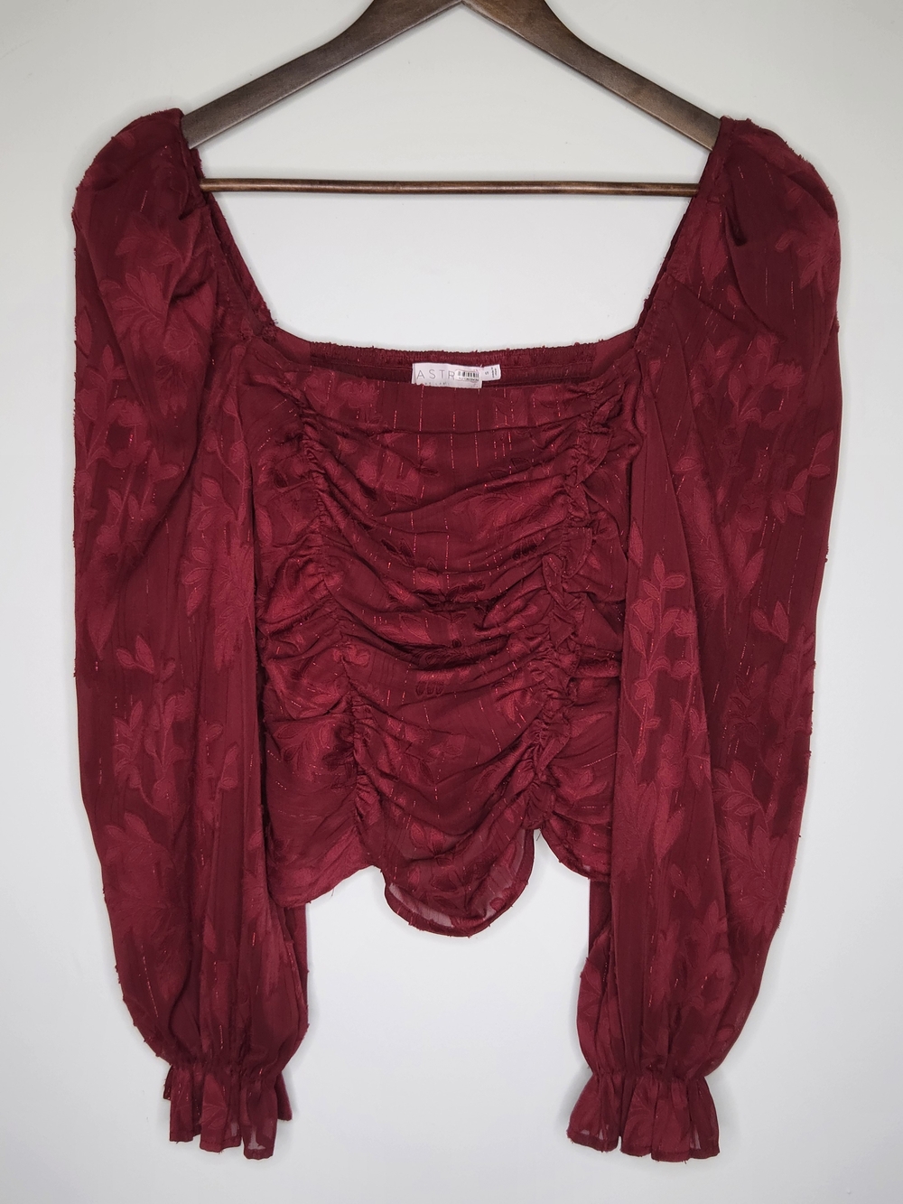 ASTR The Label Red Ruched Puff Sleeve Burnout Floral Crop Blouse Top Size S